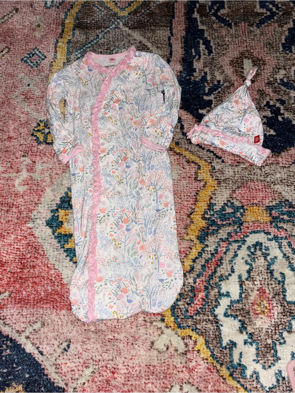 Magnetic Me Floral Pink Trim Baby Gown & Hat Set